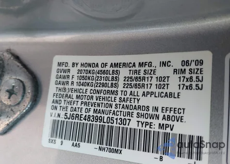 2009 Honda Cr-V Lx from USA, damaged, VIN 5J6RE48399L051307